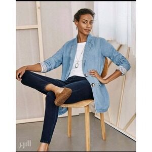 J. Jill Denim Womens L Petite Blue Cotton Linen Gallery Blazer Jacket Lagenlook